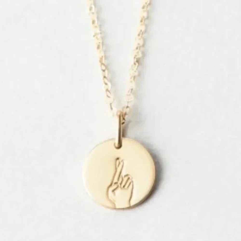 "Fingers Crossed" Sign Language Gold Disc Necklace